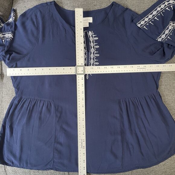 Liz Claiborne Blouse Keyhole Neck 3/4 Sleeve Shirt Blue Large Boho Embroidered‎ - Picture 6 of 10